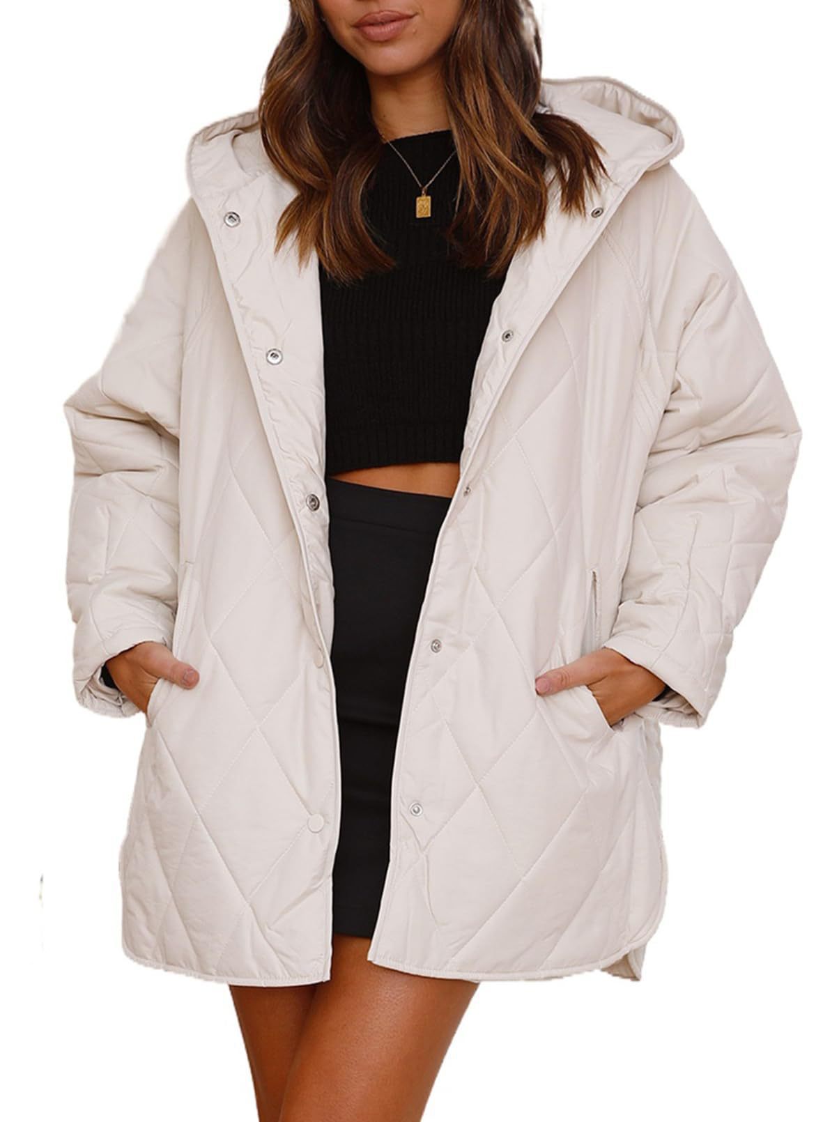 Women's Winter Casual Diamond Quilted Hooded Lightweight Coats