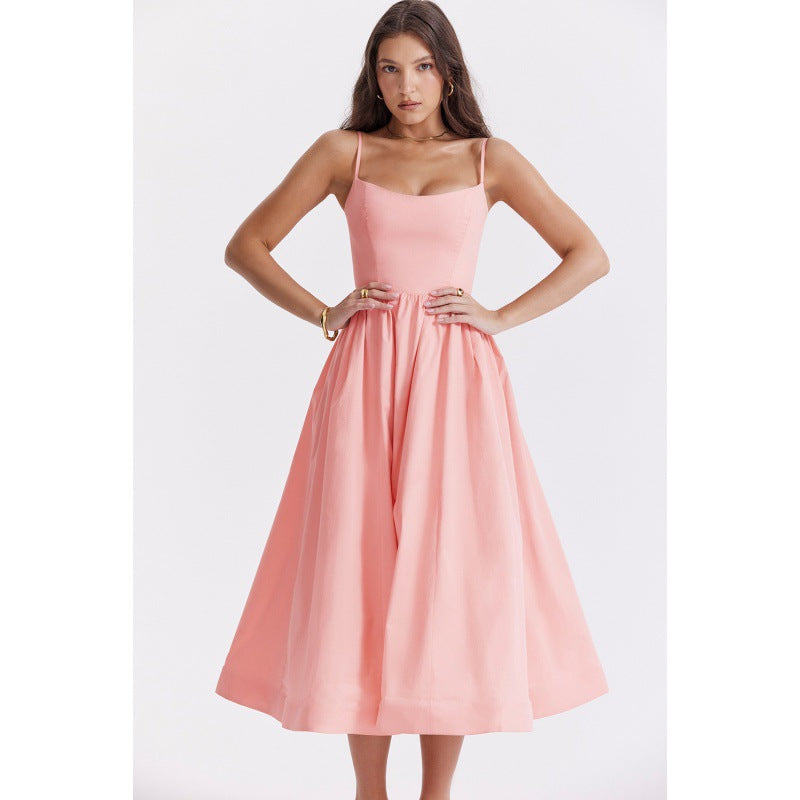 Women's Color Sexy Backless Spaghetti Straps Large Dress