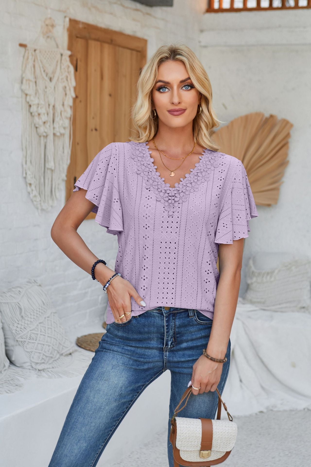 Women's Lace Ruffle Solid Color Loose T-shirt Blouses