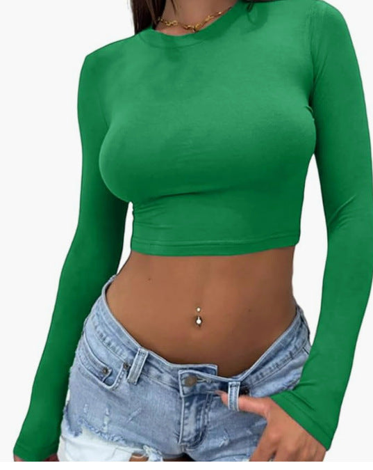Women's Sexy Hot Solid Color Round Neck Slim Long Blouses