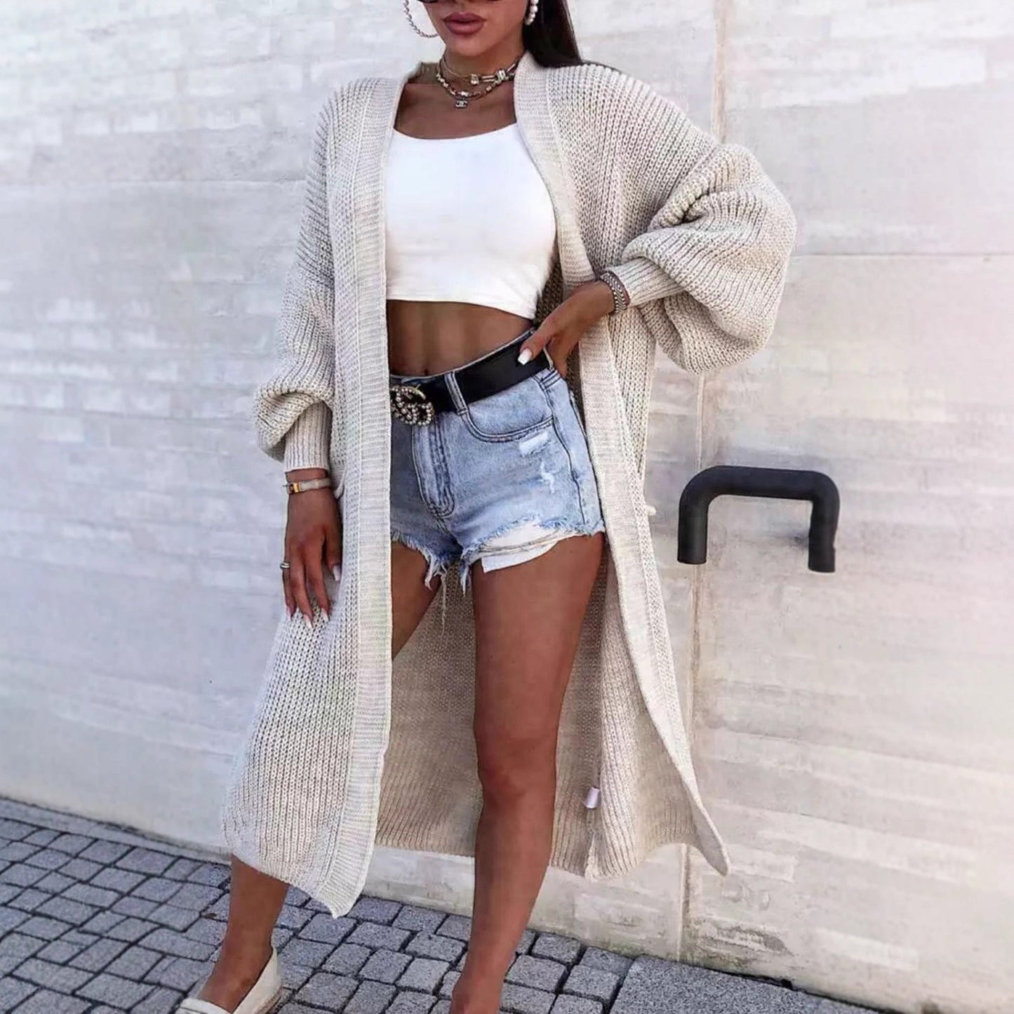 Women's Versatile Thick Needle Pocket Long Solid Knitwear