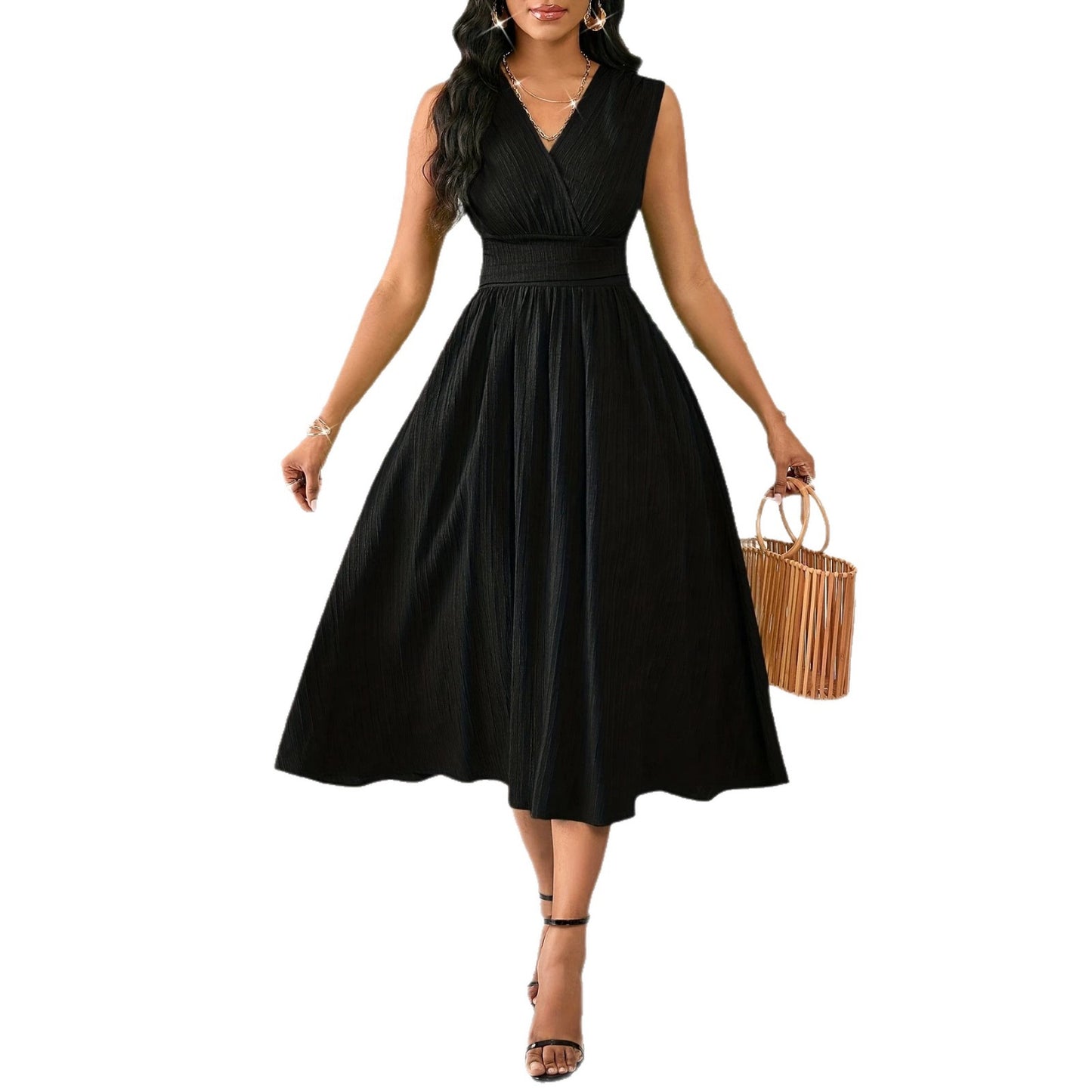 Wave Ruffle Mid-length Sleeveless Summer Holiday Smocking Formal Dress