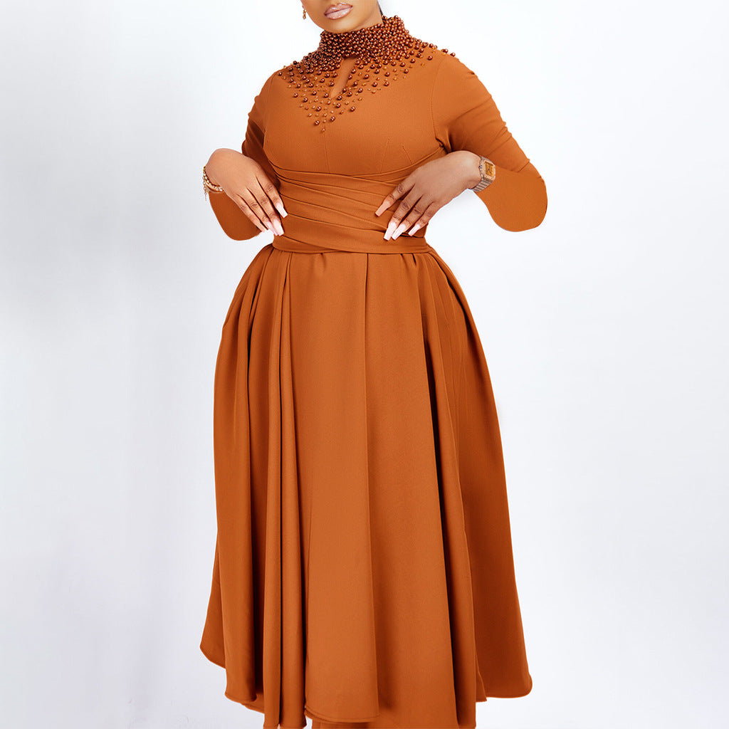 Women's Fashion High Collar Elegant Beaded Formal Swing Waist Dress