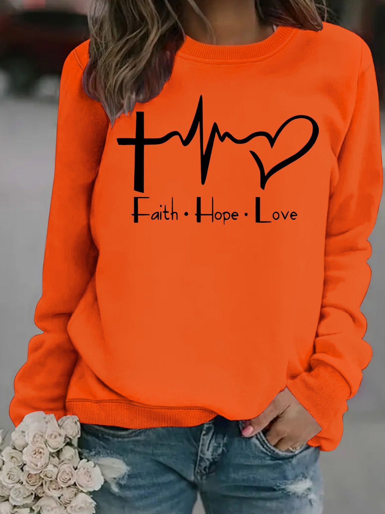 Women's Loose Casual Faith Hope Love Jump Printed Wear Round Neck Women's Sweater, Sweater