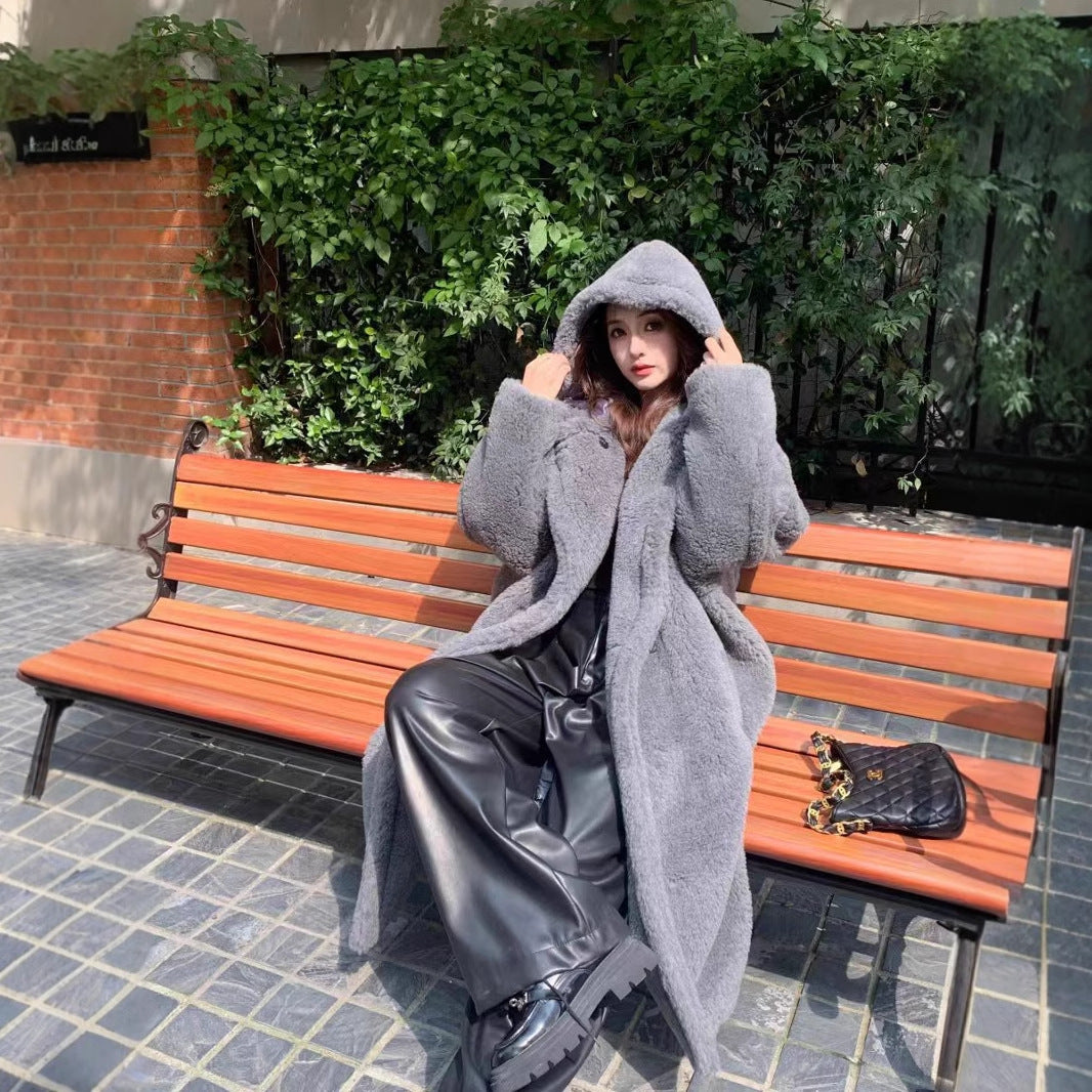 Women's Faux Fur Mid-length Hooded Lapel Fashion Lamb Coats
