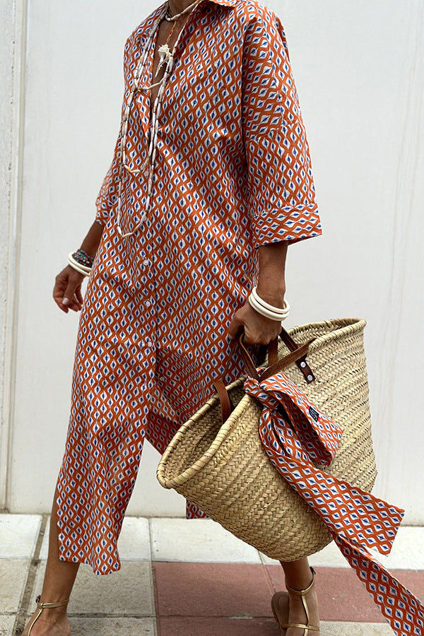 Women's Half Sleeve Striped Lapel Shirt Dress