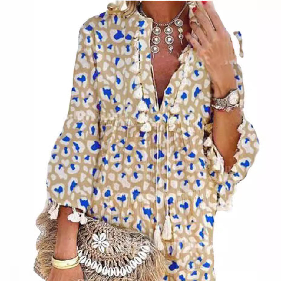 Printed Pink Turtleneck Temperament Commute Tassel Dress