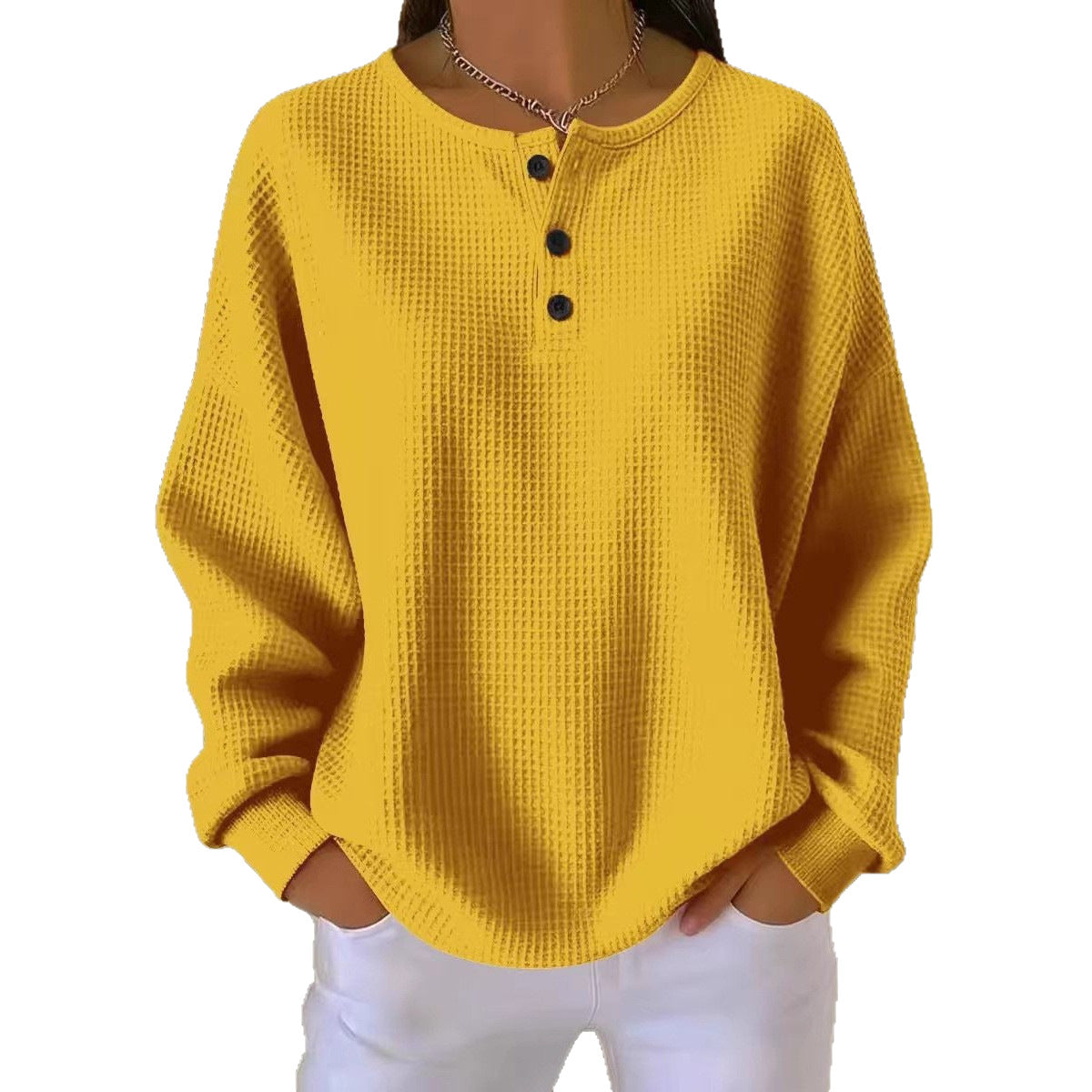 Round Neck Waffle Solid Color Pullover Women's Sweater