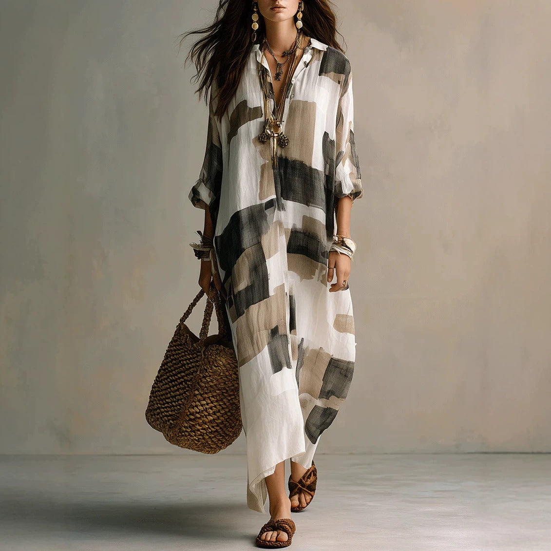 Women's Summer Geometric Printed Shirt Long Casual Vacation Style Dress