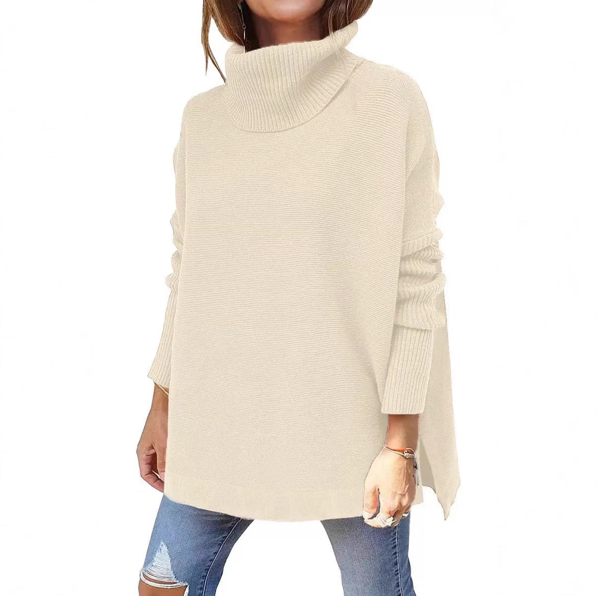 Sleeve Turtleneck Mid-length Batwing Hem Waist Women's Sweater