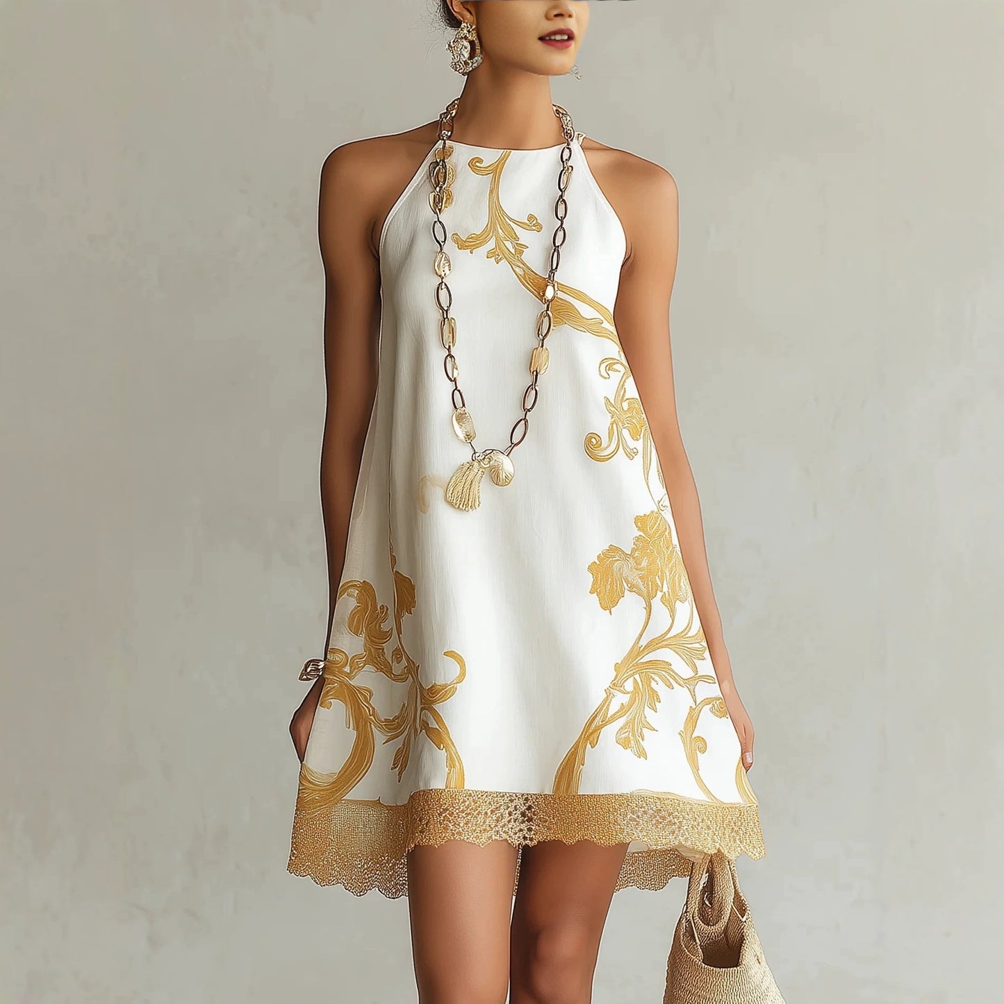 Light Luxury Golden Vine Printed Halter Sleeveless Lace Stitching Dress