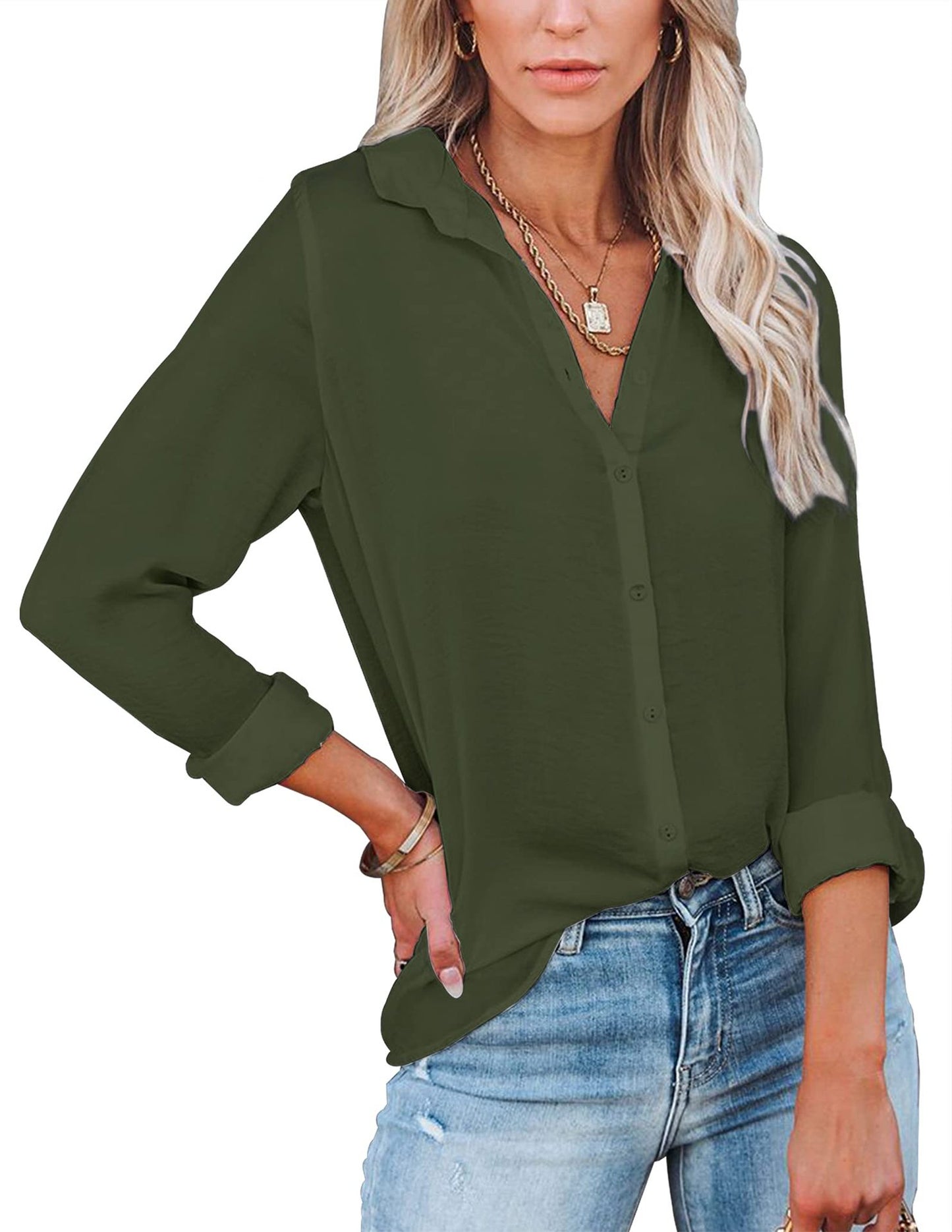 Women's Shirt Long Sleeve Solid Color Polo Blouses