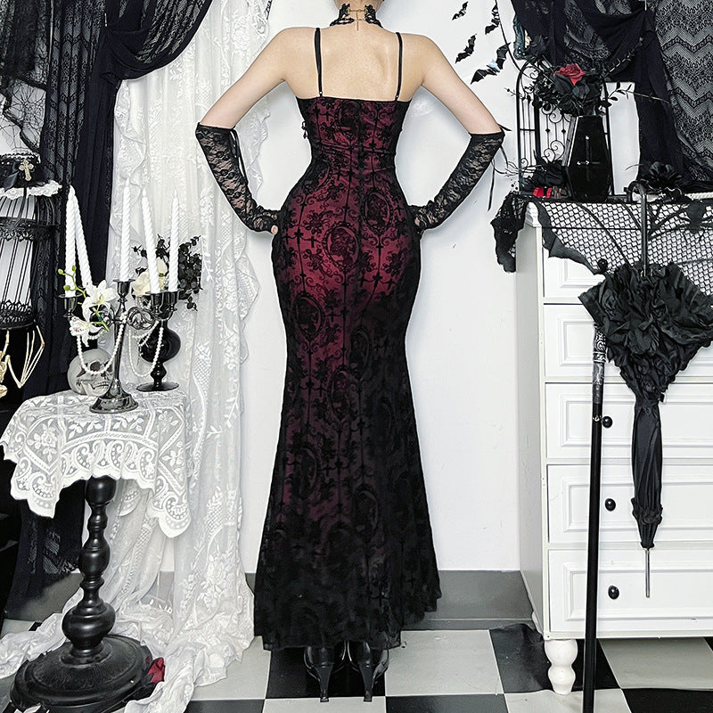 Women's Dark Goth Style Flocking Suspender Dress Dresses