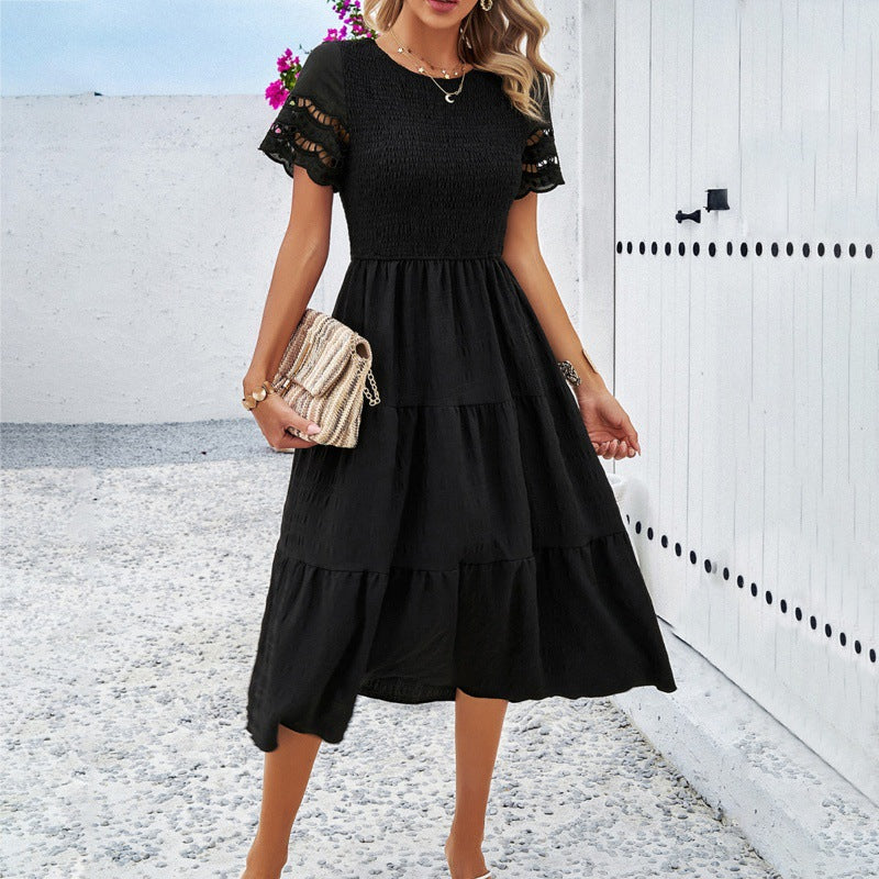 Women's Temperament Pure Color Sleeve Hollow Dress Dresses