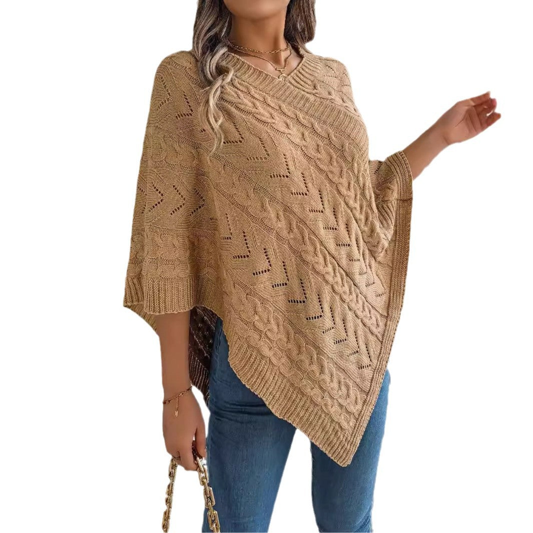 Women's Casual Solid Color Cable Loose-fitting Cloak Sweater