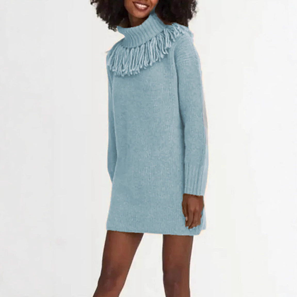 Knitted Tassel Bucket Turtleneck Dress Mid-length Women's Sweater