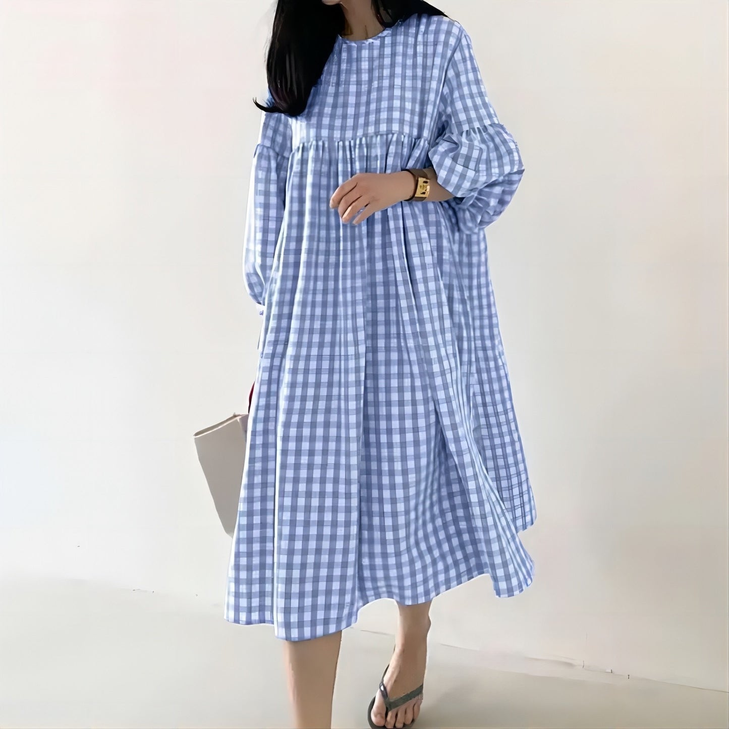 Women's Casual Plaid Puff Sleeve Round Neck Dress