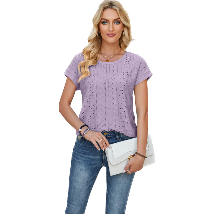 Women's Loose Round Neck Eyelet Lace Solid Blouses