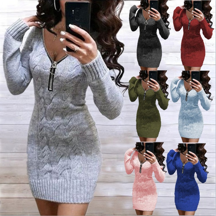 Women's Zipper Long Sleeve Undershirt Mid-length Dress Sweater