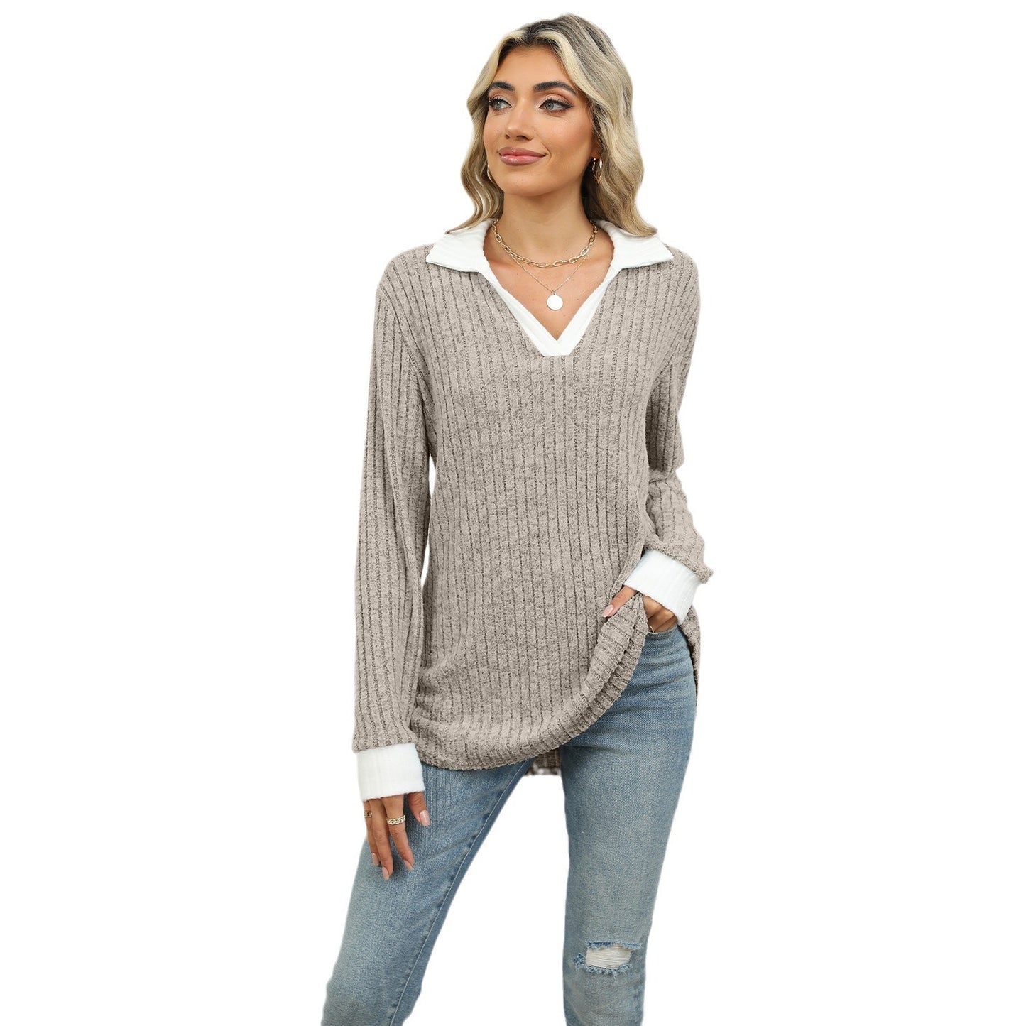 Women's Contrast Color Lapels Long Sleeve Loose-fitting Blouses