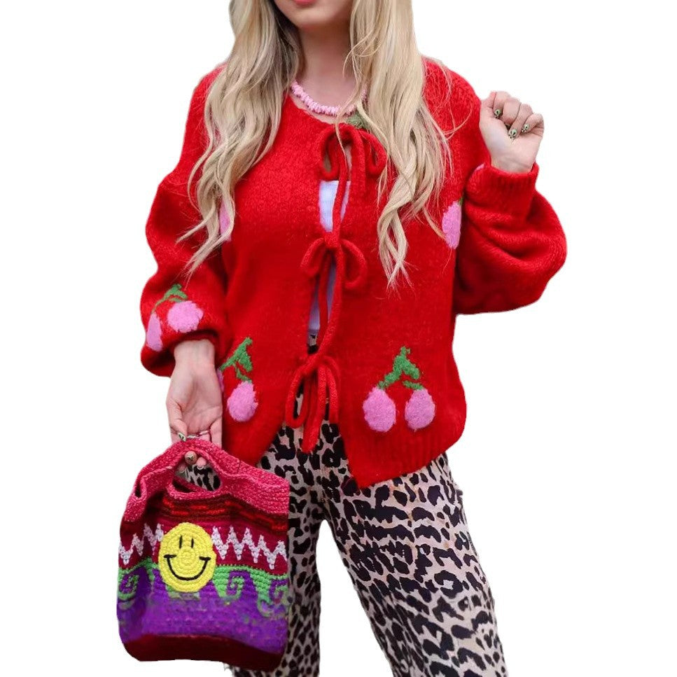 Women's Cherry Embroidery Jacquard Cute Style Sweaters