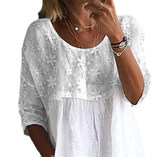 Women's Lace Stitching Printing White Temperament Long Blouses