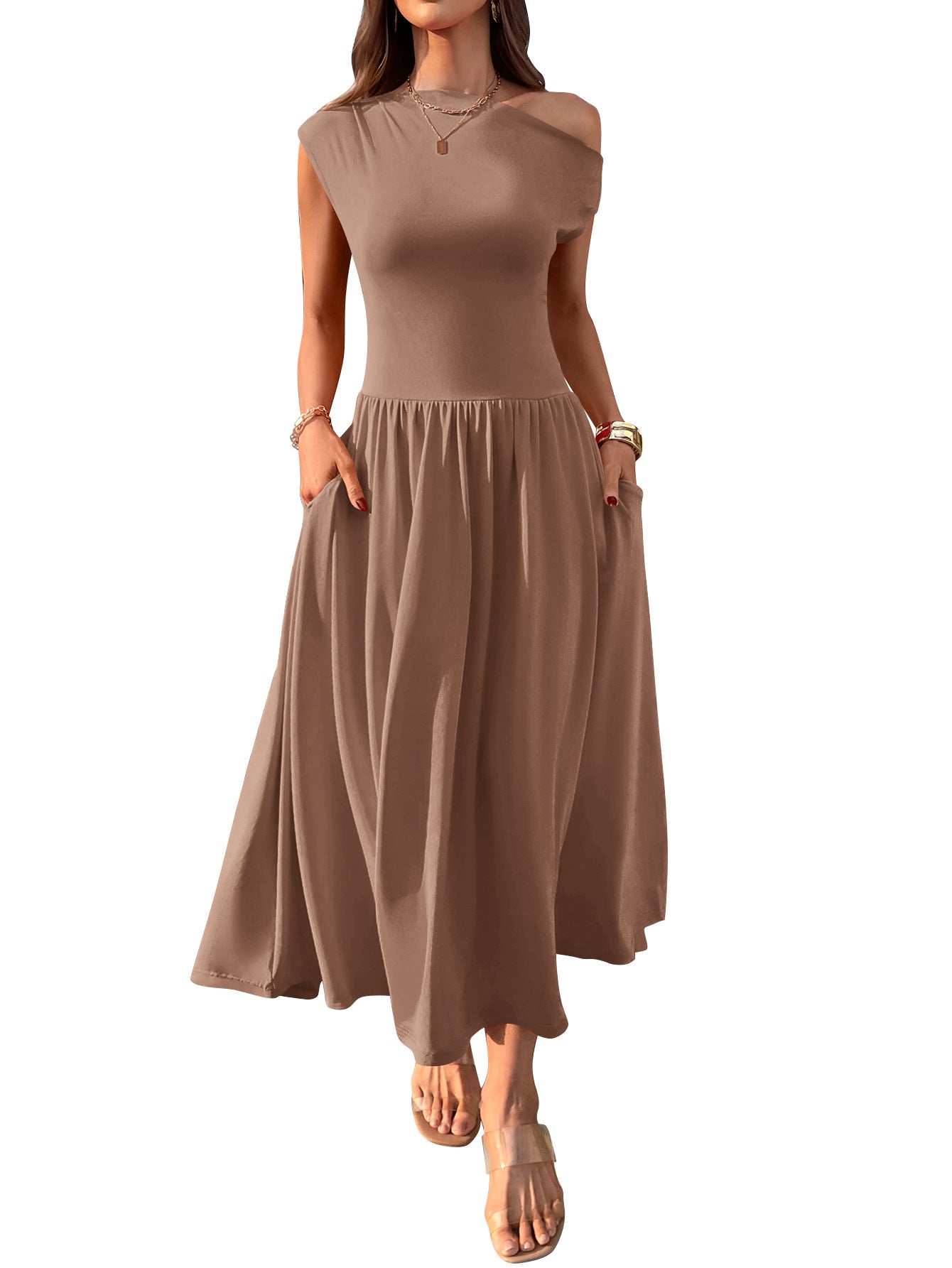 Shoulder Sexy Waist Trimming Solid Color Long Dresses