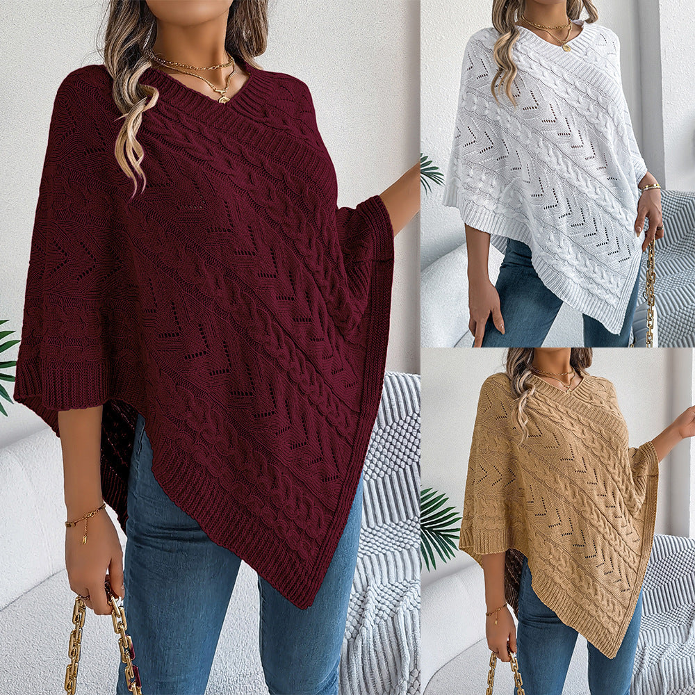 Women's Casual Solid Color Cable Loose-fitting Cloak Sweater