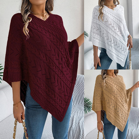 Women's Casual Solid Color Cable Loose-fitting Cloak Sweater