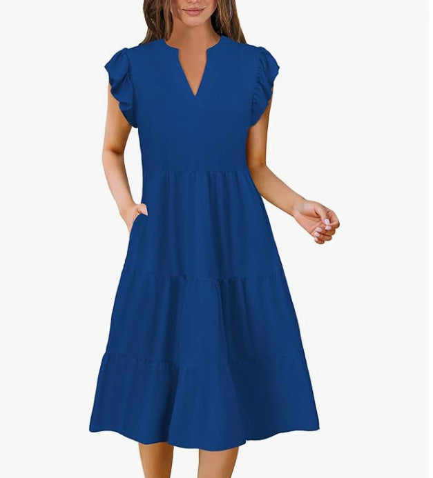 Women's Collar Ruffle Sleeve Mid-length Stitching Big Swing Dress