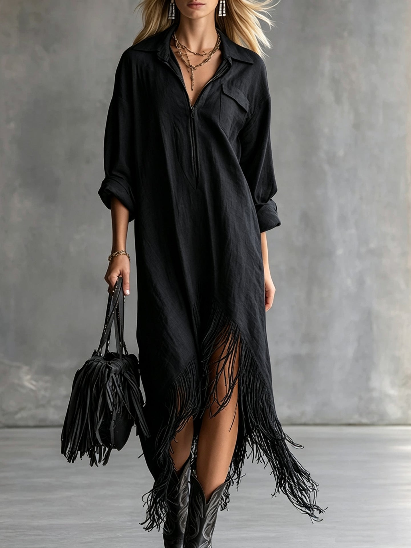 Autumn Elegance Retro Loose Irregular Fringed Dress