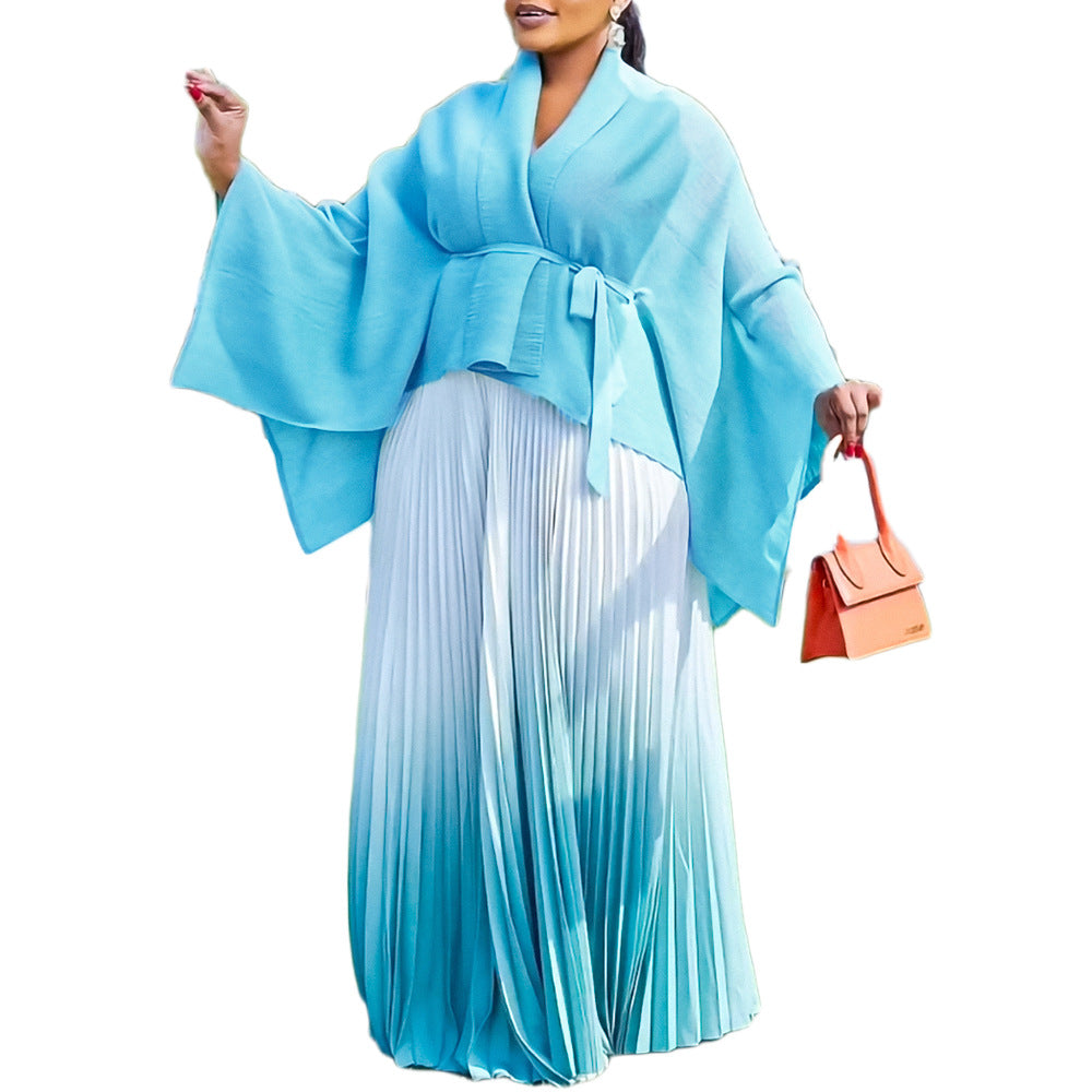 Women's Wear Autumn Large Fashionable Elegant Batwing Sleeve Gradient Color Two-piece Tops