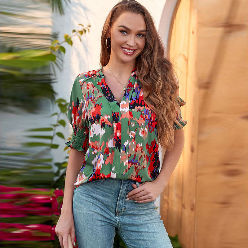 Women's Color Half Sleeve Collar Shirt Pleated Blouses