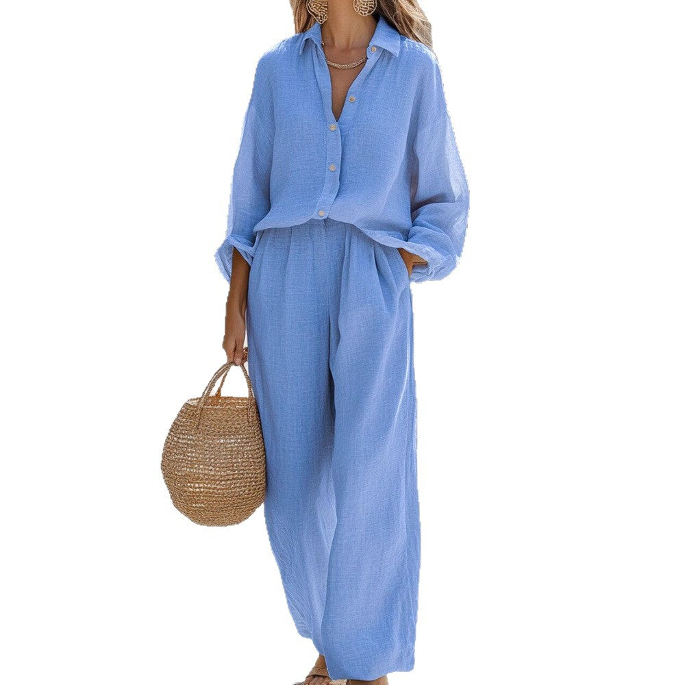 Women's Lapel Long Sleeve Shirt Trousers Cotton Fashion Casual Suit