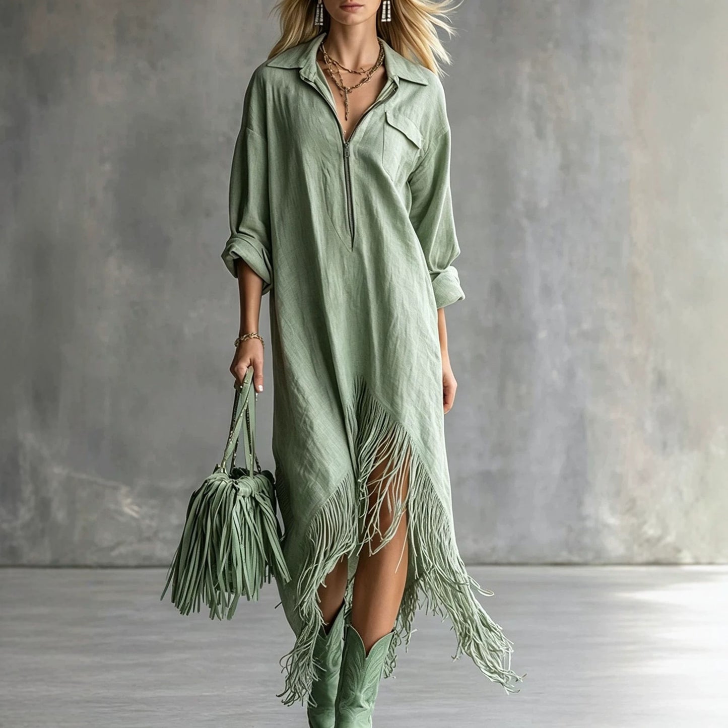Autumn Elegance Retro Loose Irregular Fringed Dress