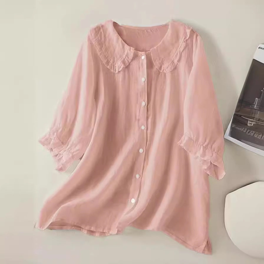 Women's Loose Half Sleeve Shirt Col Claudine Blouses