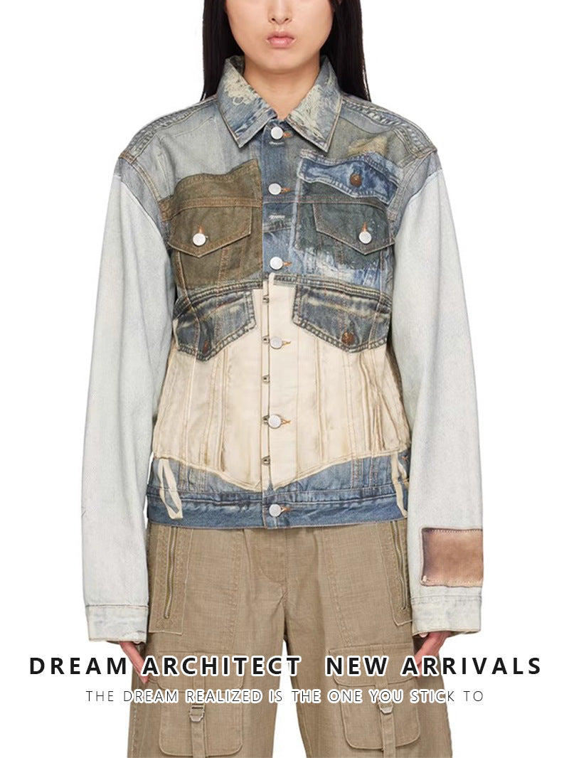 Women's Fashionable Minority Ripped Vision Patterned Denim Waist Jackets