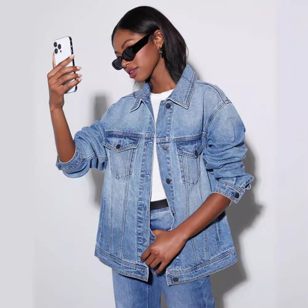 Women's Light Blue Washed Denim Casual Loose-fitting Jackets