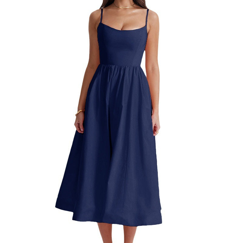 Women's Color Sexy Backless Spaghetti Straps Large Dress