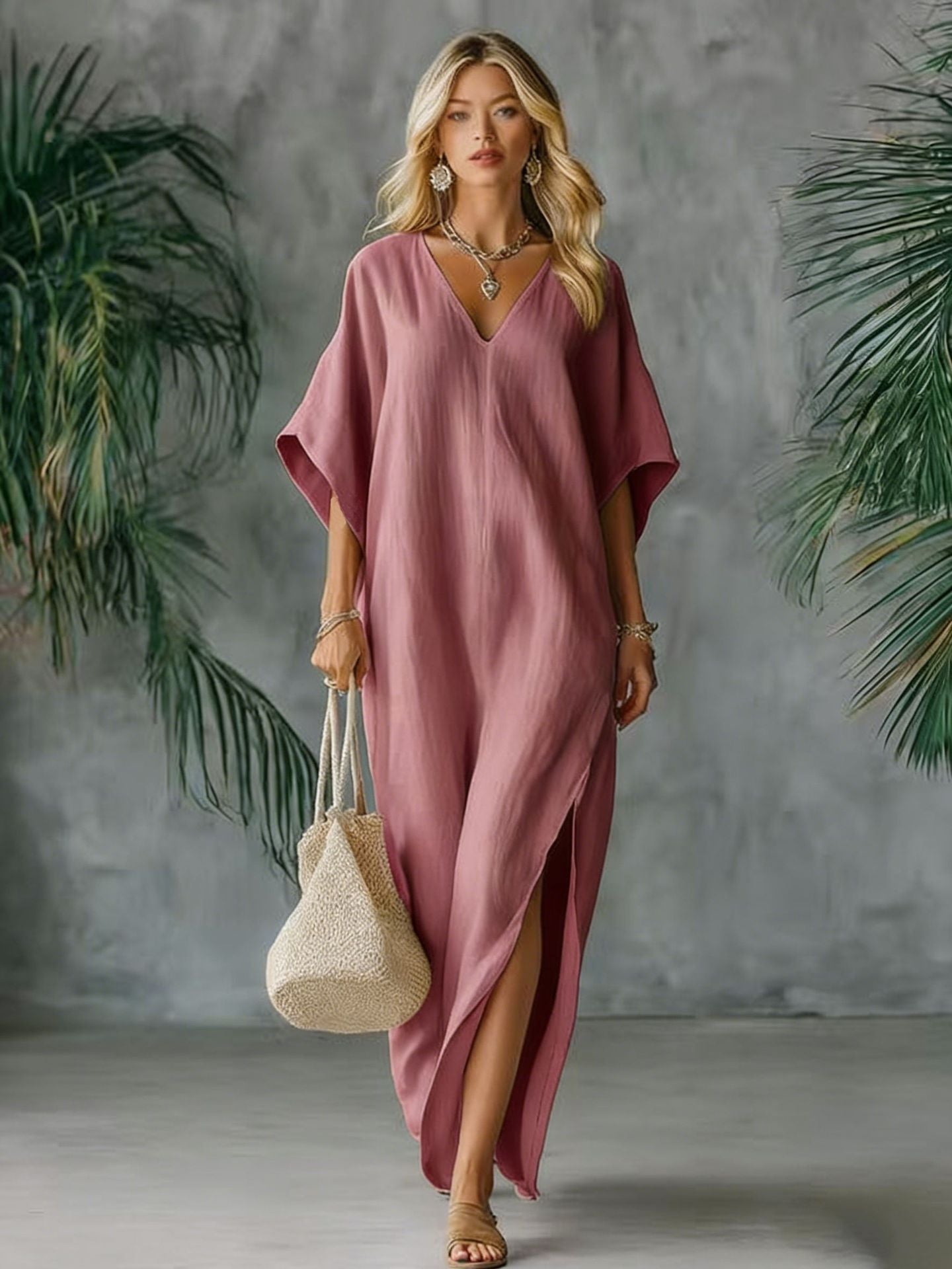 Style Loose Collar Batwing Sleeve Side Slit Dress