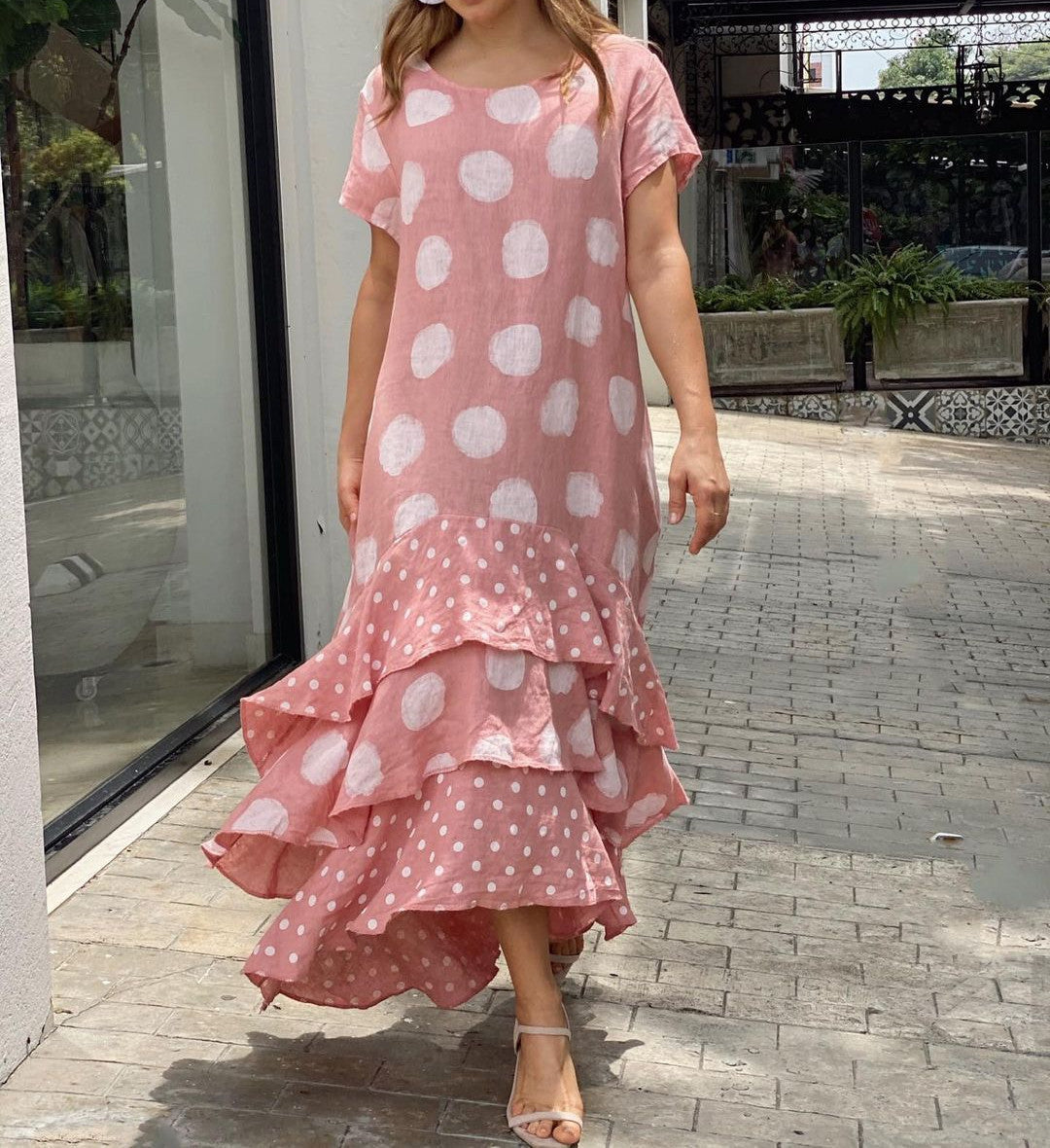 Women's Round Neck Polka Dot Swing Long Dresses