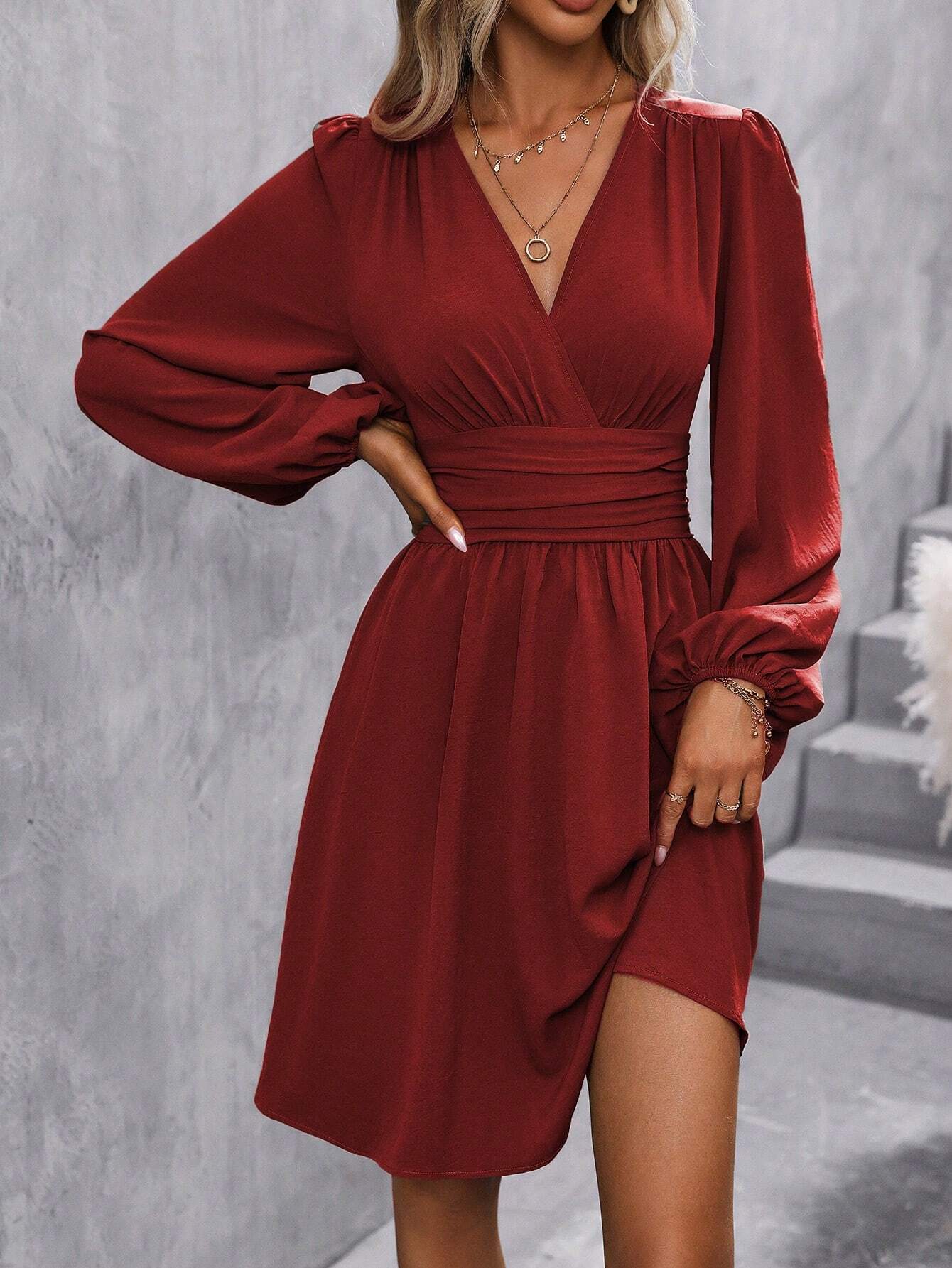 Diagonal Collar Lantern Sleeve Waist Pleated Dress