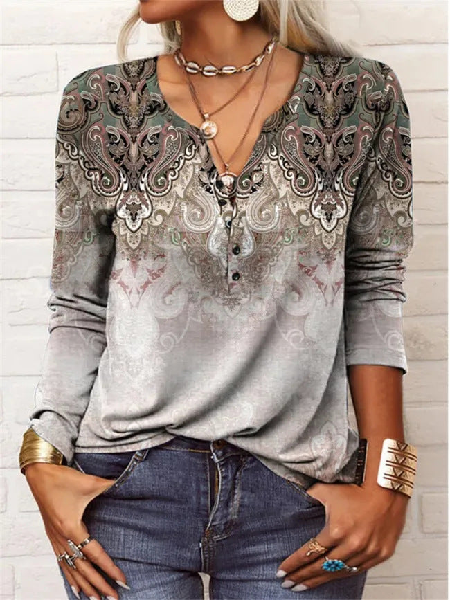 Women's Casual Loose Long-sleeved Geometric Floral Button Blouses