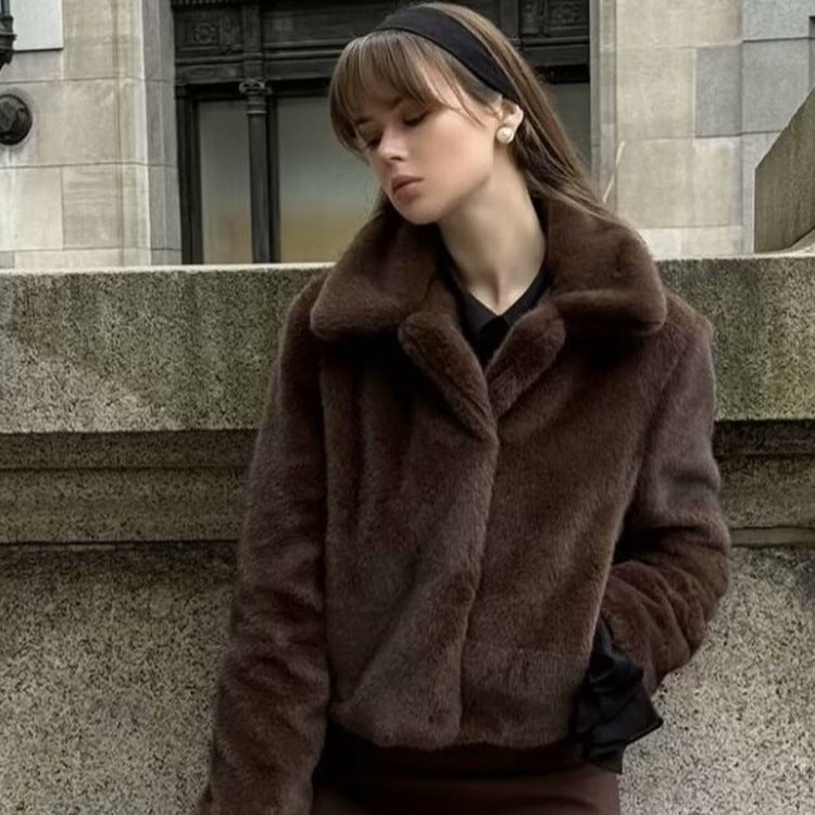 Women's Fashion Casual Imitation Fur Effect Lapel Soft Plush Texture Coats