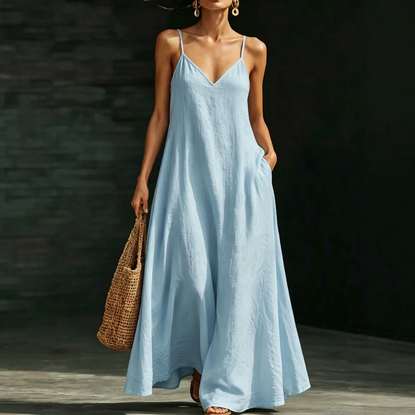 Women's Summer Strap Long Casual Fashion Large Swing Solid Color Dress