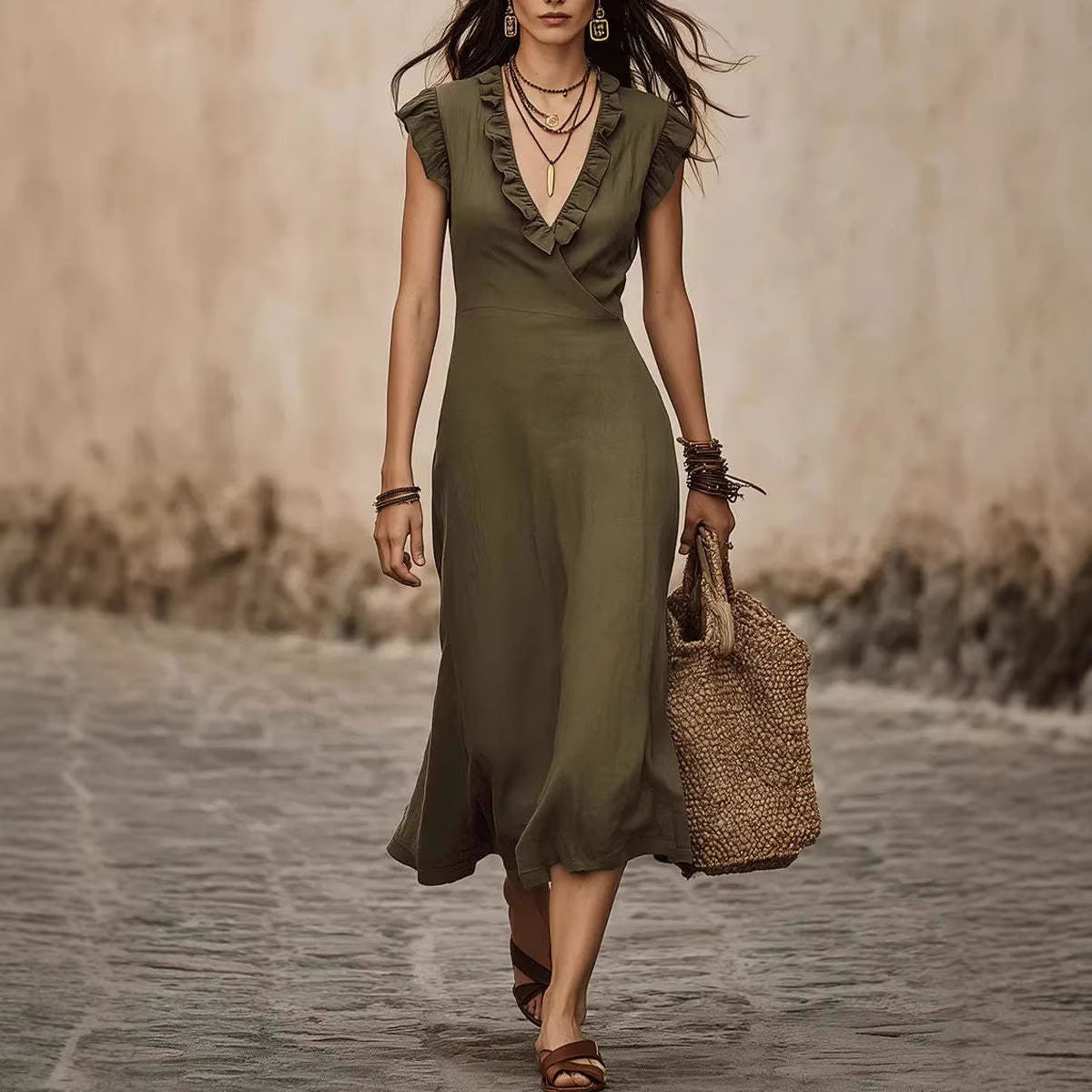 Women's French Style Cotton Linen Flying Sleeves Ruffled Dress
