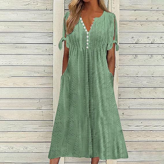 Women's Single Breasted Cuff Knotted Sleeve Eyelet Dresses
