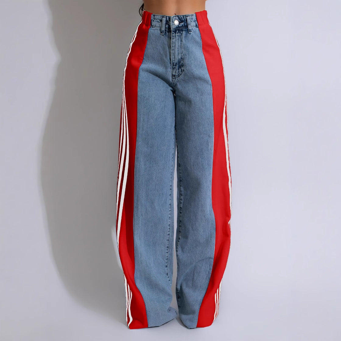 Women's Striped Wide Leg Denim Trousers Casual Jeans