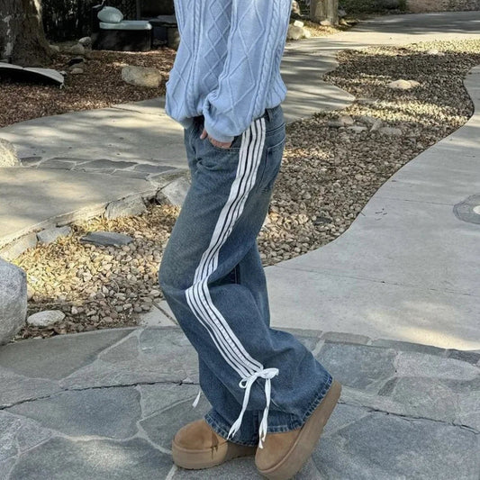 Women's Fashion Casual Loose Ribbon Belt Design Jeans