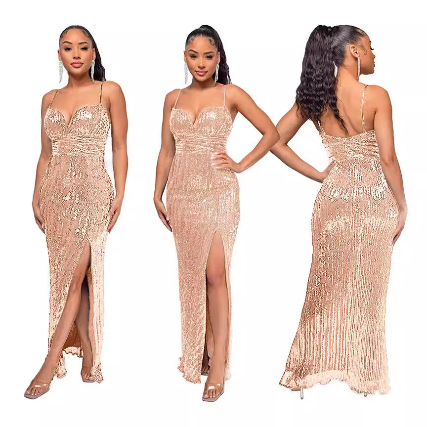 Women's Summer Split Backless Hot Dress Sequined Sleeveless Dresses